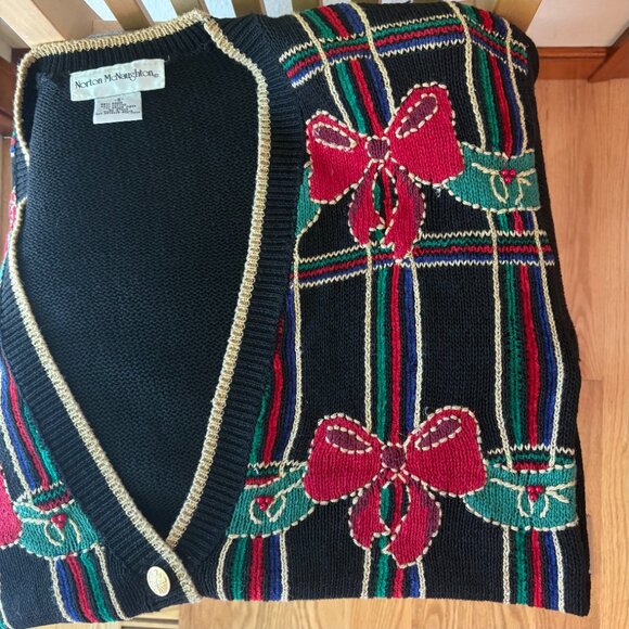 VTG 80s Norton McNaughton Ugly Christmas Cardigan Sweater Plaid Bows Wreaths L - Picture 7 of 9